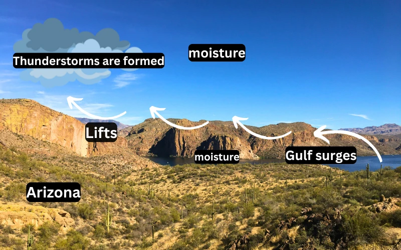 Arizona desert landscape showing Gulf surges bringing moisture, lifted by mountains to form monsoon thunderstorms.