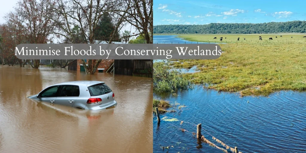 Split-screen image showing urban flooding with a submerged car on the left and a healthy wetland absorbing water on the right, highlighting flood control benefits.