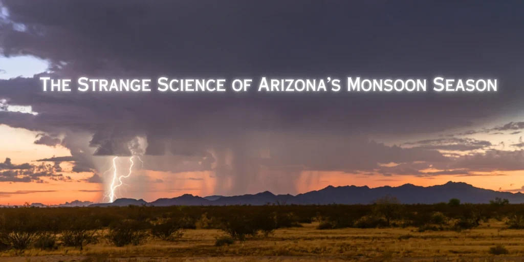 Arizona monsoon thunderstorm at sunset with lightning strike and rain shaft over desert mountains.