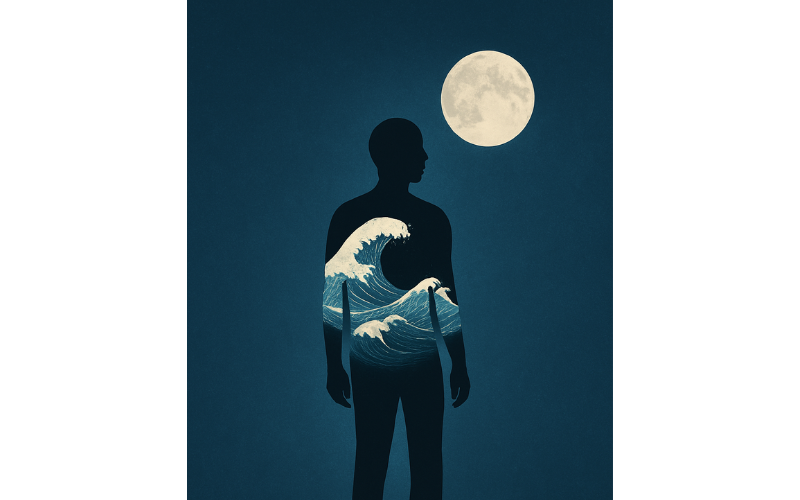 “Artistic illustration of a human silhouette with ocean waves inside the body under a full moon, symbolizing how lunar cycles influence human emotions and biology.”