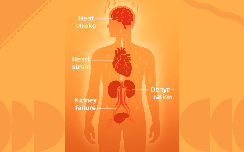 Human body diagram showing health impacts of extreme heat, including heat stroke, heart strain, dehydration, and kidney failure.