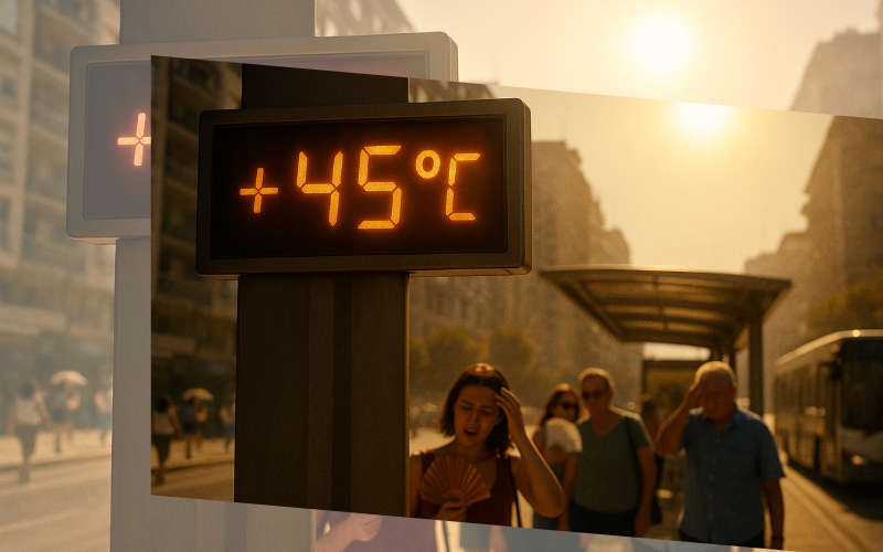 Digital temperature display showing 45°C as people struggle with extreme heat on a sunny city street, illustrating rising health risks from heatwaves.