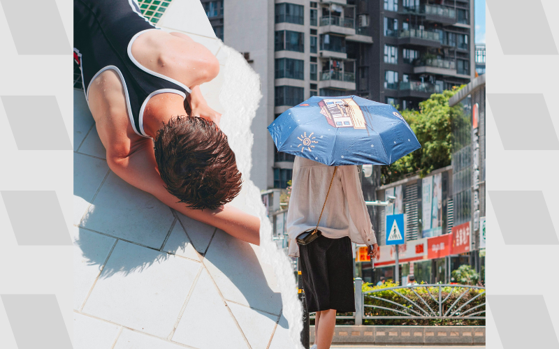 Contrasting scenes of extreme heat — a person collapsed under the sun and another shielding themselves with an umbrella in a city — symbolizing rising climate challenges and disaster preparedness
