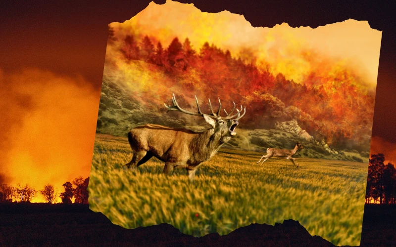 Wildfire spreading through a forest as deer flee across open grassland, symbolizing the devastating impact of climate disasters on wildlife and ecosystems.