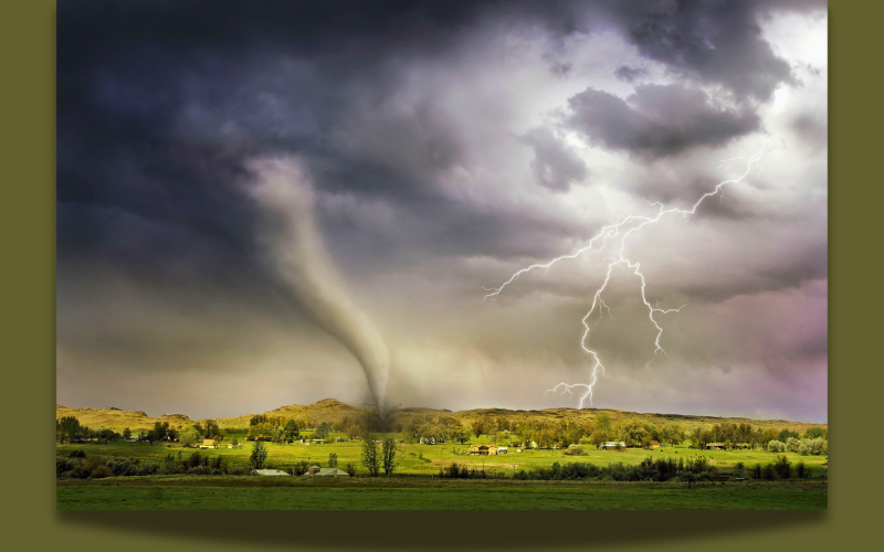 Wetlands landscape with a tornado and lightning in the distance, symbolizing how wetlands protect coastal areas and communities from storms and flooding.