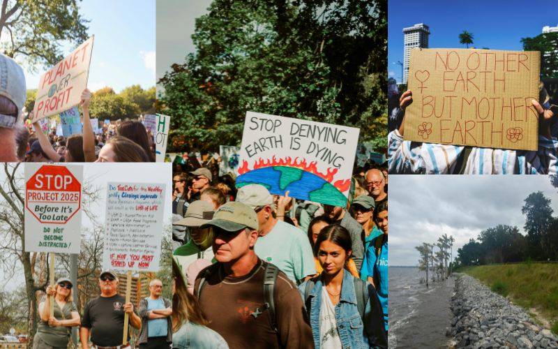 Environmental activists holding signs and marching to protect Earth, emphasizing the role of community action and wetlands conservation in flood management.