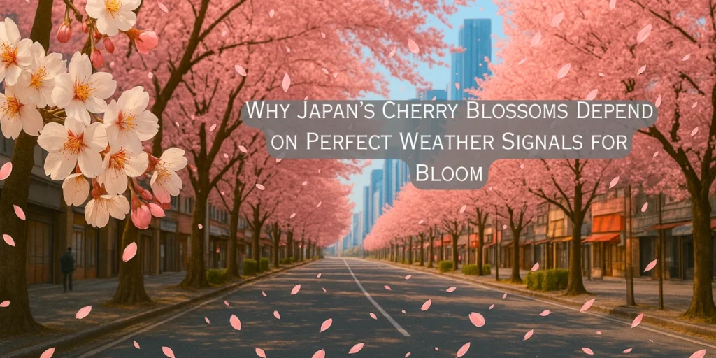 Cherry blossom trees lining a street in Japan, symbolizing how weather patterns affect blooming