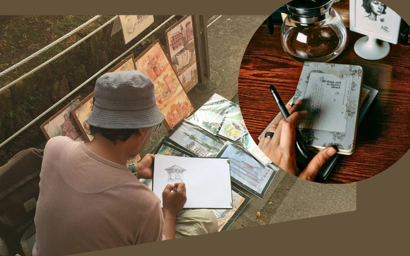 Artist sketching outdoors with watercolor paintings displayed, paired with a journal and coffee cup symbolizing creativity inspired by rainy days.