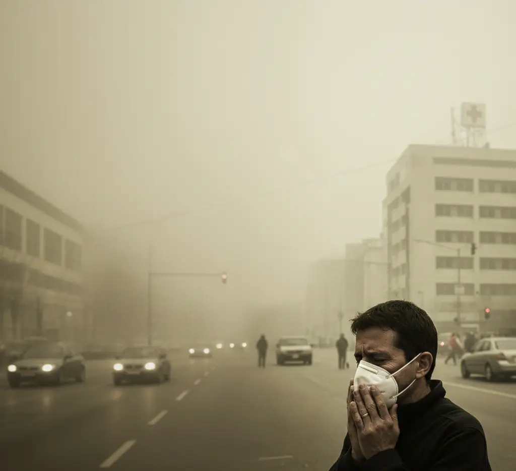 A man wearing a protective mask stands on a city street engulfed in dense wildfire smoke, with blurred buildings and cars barely visible through the haze.