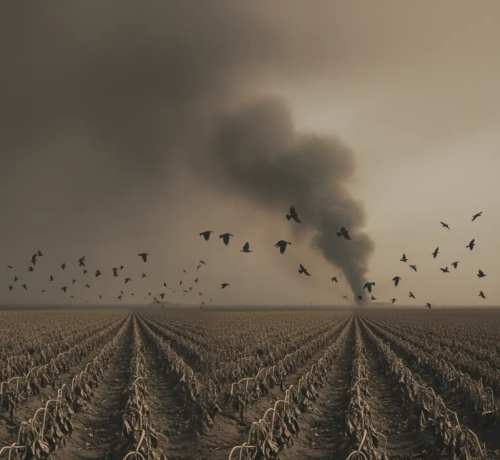 A barren farmland under a dark, smoky sky as wildfire smoke rises in the distance, with birds flying above the desolate landscape — symbolizing the environmental toll of fire and climate change.