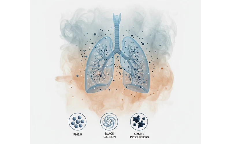 Illustration showing PM2.5 and black carbon particles in wildfire smoke affecting human lungs