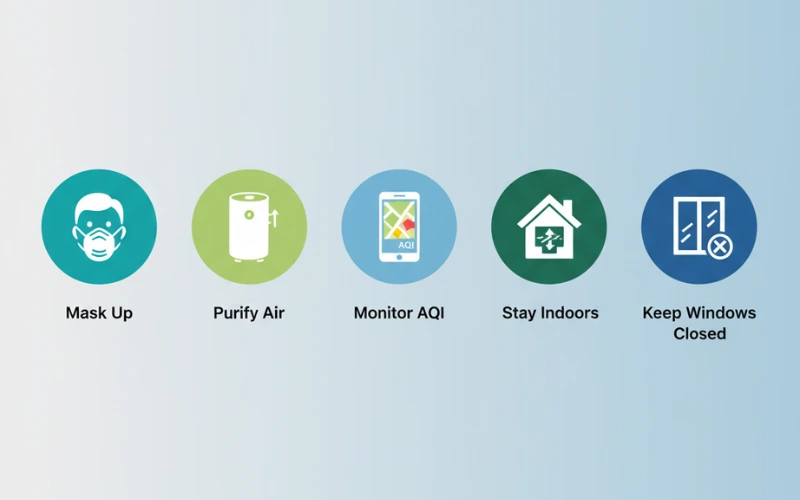 Infographic showing steps to protect yourself from wildfire smoke and poor air quality