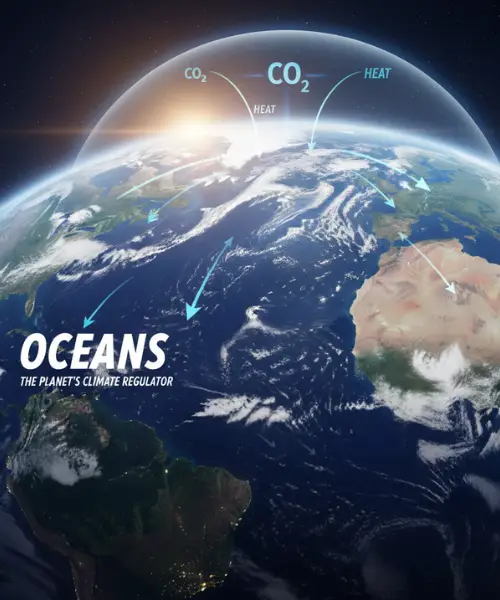Earth view showing oceans absorbing heat and carbon dioxide, illustrating their vital role as the planet’s natural climate regulator.