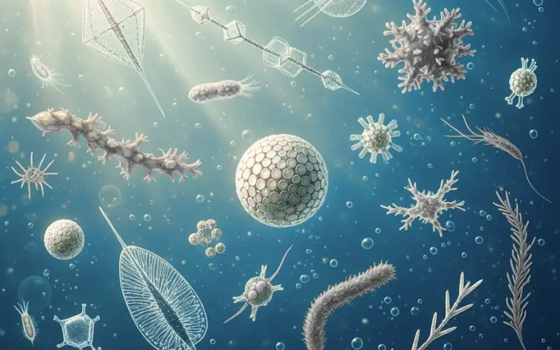 Microscopic view of diverse phytoplankton species floating in ocean water, capturing sunlight and producing oxygen through photosynthesis.