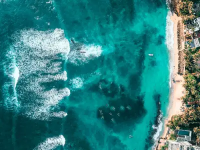 Aerial view of turquoise ocean waves crashing along a tropical coastline with palm trees, showing the beauty and power of marine ecosystems.