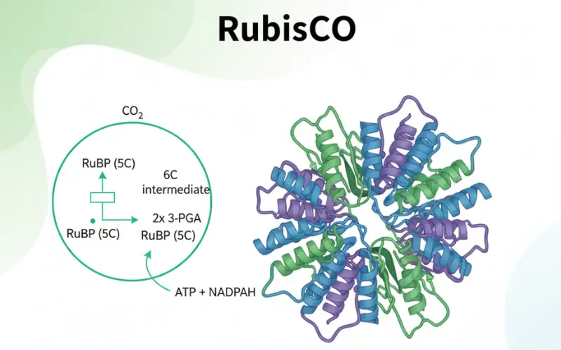 “Diagram of the Rubisco enzyme showing its 3D molecular structure and carbon fixation process in photosynthesis, converting CO₂ into organic compounds using ATP and NADPH.”