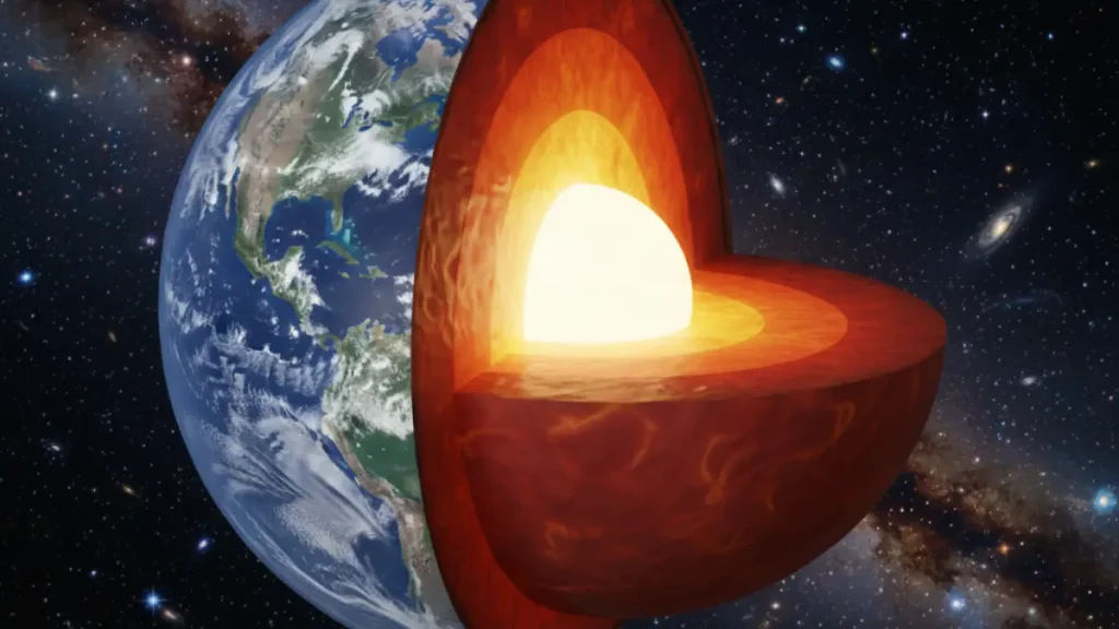 “3D cutaway view of planet Earth showing the inner layers — crust, mantle, outer core, and glowing molten inner core — representing ancient 4.5-billion-year-old proto-Earth fragments deep inside.”