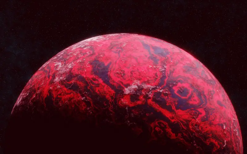 A detailed artistic rendering of the early molten proto-Earth, glowing red and partially covered in swirling magma patterns, representing the planet’s fiery beginnings 4.5 billion years ago.