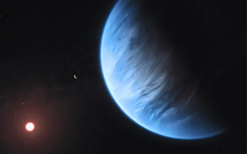 A realistic space illustration showing a blue exoplanet illuminated by a distant star, symbolizing the early atmosphere and evolution of young planetary bodies like proto-Earth.