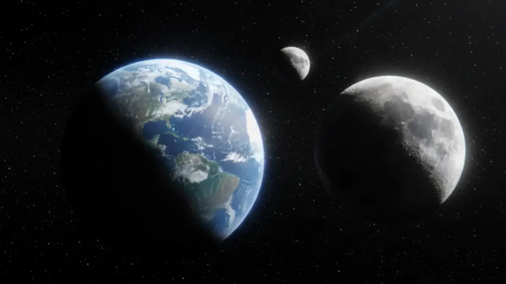 A realistic 3D illustration of planet Earth with two moons orbiting nearby in deep space, representing NASA’s discovery of Earth’s second moon 2023 FW13