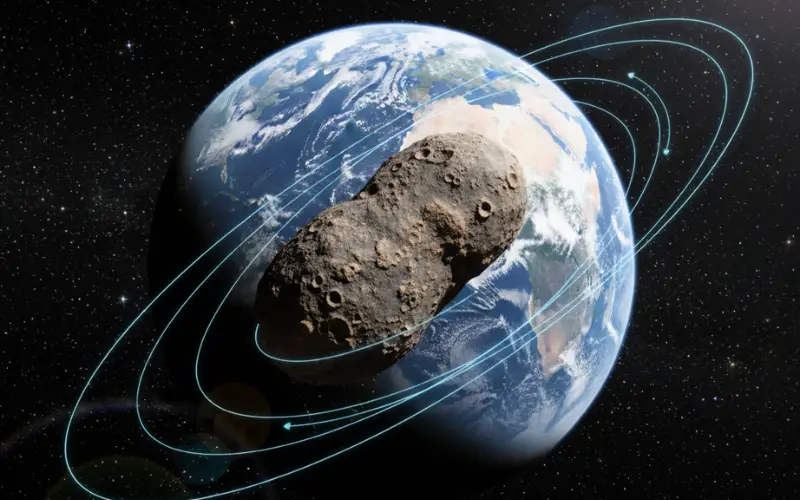 3D rendering of asteroid Kamoʻoalewa (2016 HO3) orbiting Earth in space, showing its irregular rocky surface and looping orbital path lines around the planet.