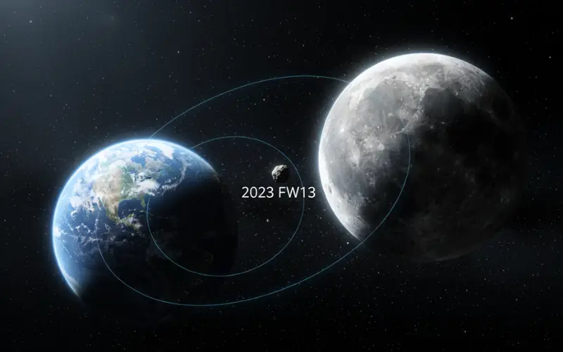3D scientific illustration showing Earth, its primary Moon, and the small quasi-satellite 2023 FW13 orbiting together in space with labeled orbital paths