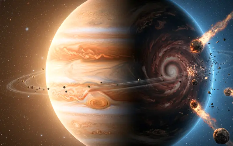 Realistic image of Jupiter showing its dual nature — calm and stormy sides — symbolizing Jupiter’s protection and its powerful gravitational influence in space