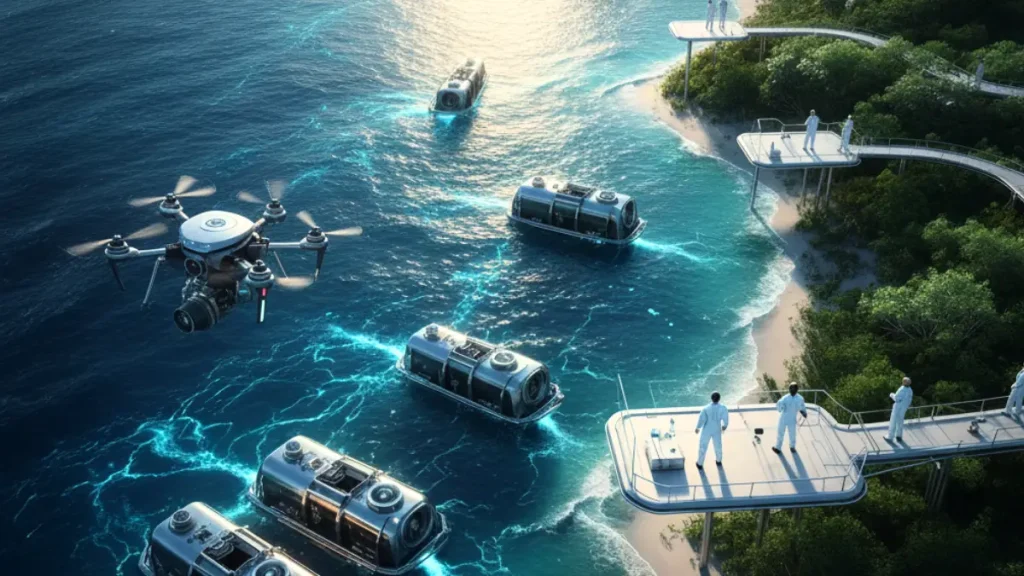 A futuristic coastal research scene showing scientists in white lab suits studying ocean-based carbon capture pods near a lush shoreline. Drones hover above the glowing blue water, symbolizing innovation in America’s Blue Carbon Revolution and marine climate technology.