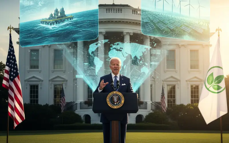 The U.S. President delivers a speech on climate policy outside the White House, with digital holograms showing ocean-based carbon capture, wind turbines, and solar panels — symbolizing America’s leadership in the Blue Carbon Revolution.