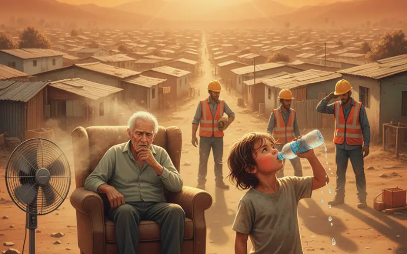 An elderly man sits exhausted beside a fan while a child drinks water under a scorching sun, with construction workers in the background — illustrating vulnerable communities suffering from rising heat deaths.