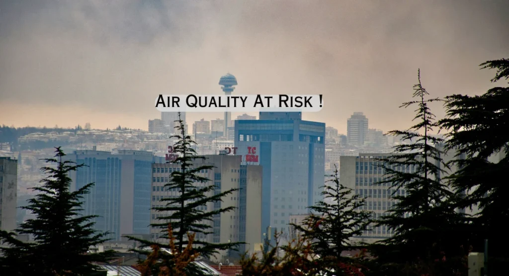 City skyline under wildfire smoke haze showing poor air quality risk