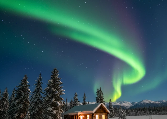 Vivid Northern Lights arching over a snow-covered pine forest and wooden cabin near Fairbanks, Alaska, glowing warmly under a starry winter night.