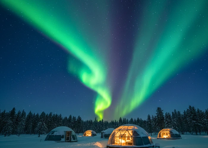 Glass igloo cabins glowing warmly under green and purple aurora lights in a snowy pine forest of Finnish Lapland.