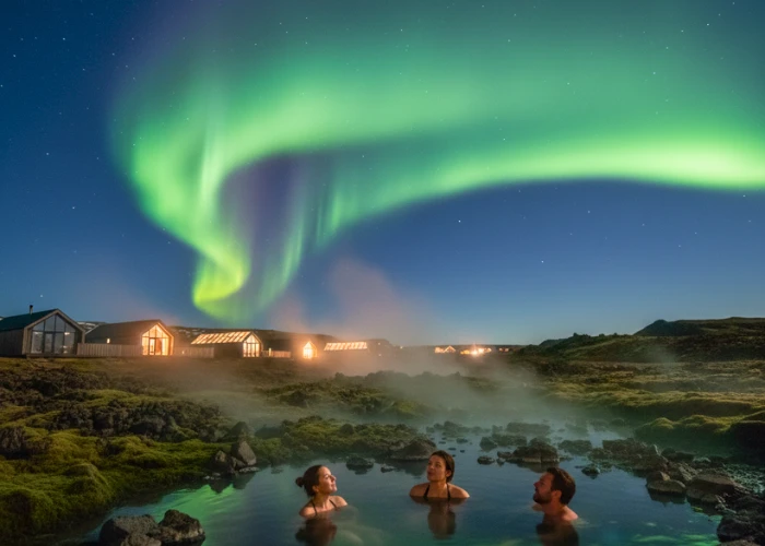 Eco-travelers relaxing in a geothermal hot spring near Thingvellir National Park, with soft green aurora dancing above Reykjavík, Iceland’s night sky.