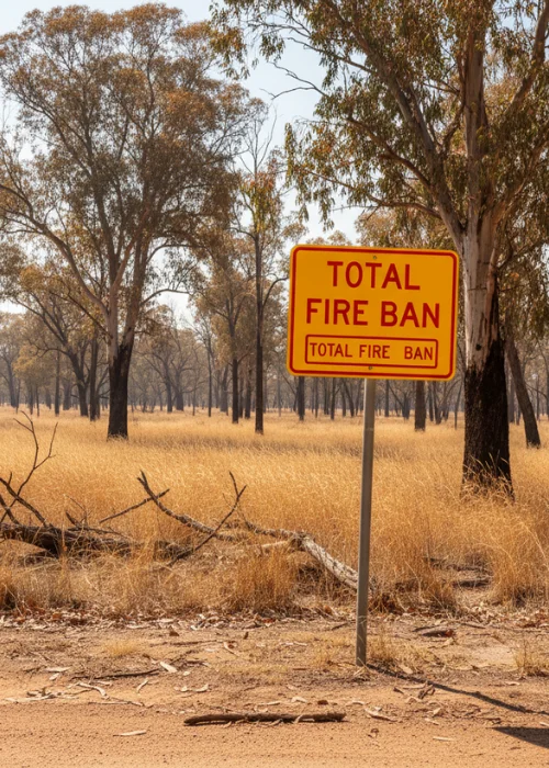 Total Fire Ban” warning sign stands in dry Australian bushland under harsh sunlight, showing high fire danger during the October 2025 heatwave.