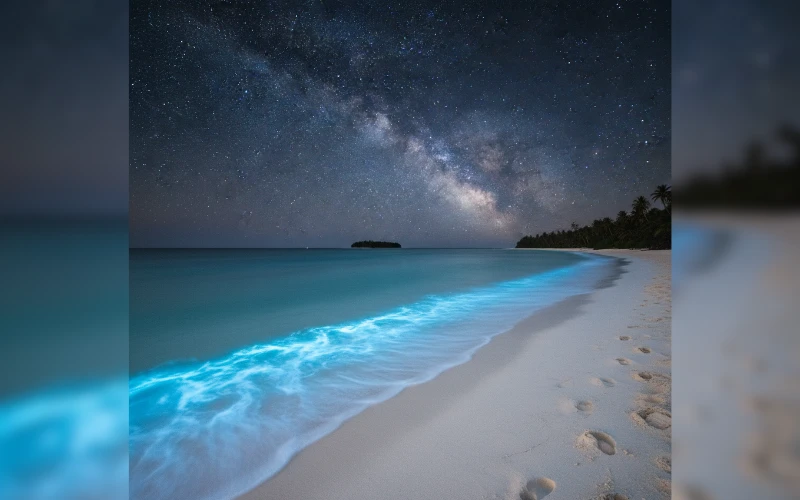 Natural blue bioluminescent waves glowing on a tropical beach at night under a starry sky in Thailand and the Maldives.