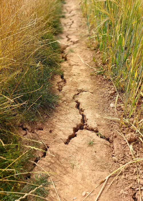 Close-up of cracked, dry farmland soil in Brazil, showing the severe impact of the October 2025 heatwave and drought on agriculture across South America.