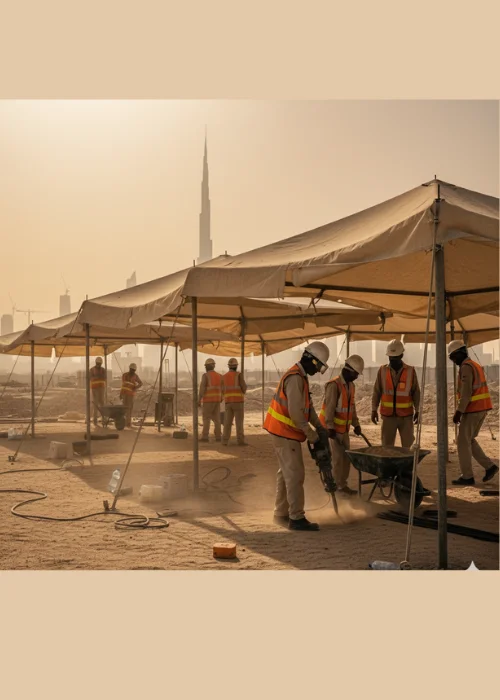 Construction workers in Dubai work under temporary shade tents during an October 2025 heatwave, with the Burj Khalifa visible in the hazy background.