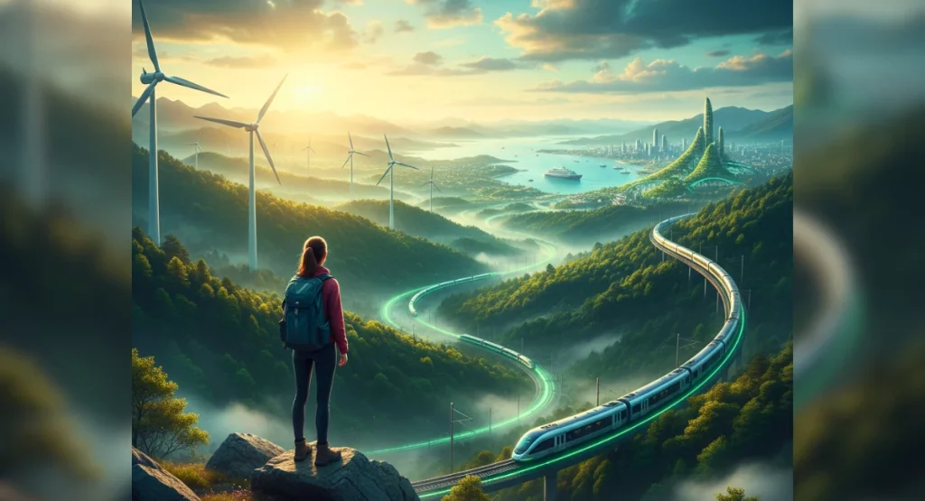 A solo traveler overlooking a sunrise landscape showing green mountains, solar-powered trains, and eco-friendly cities — symbolizing the future of sustainable travel in 2025.