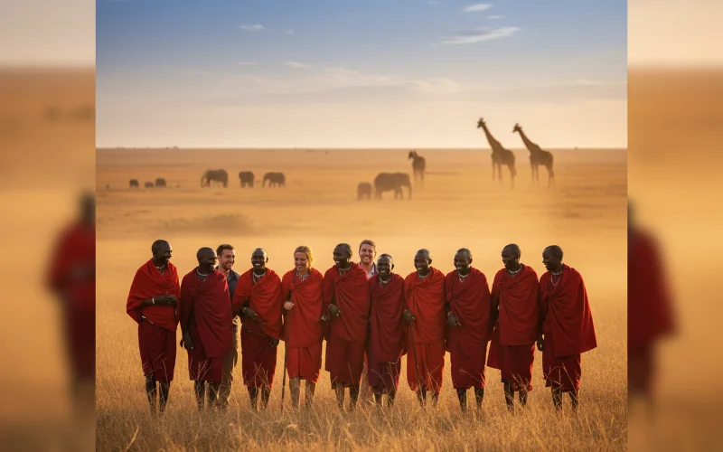 Maasai community guides leading eco-tourists through the Kenyan savannah at sunset, sharing wildlife knowledge, with elephants in the background — symbolizing community-led conservation and sustainable tourism.