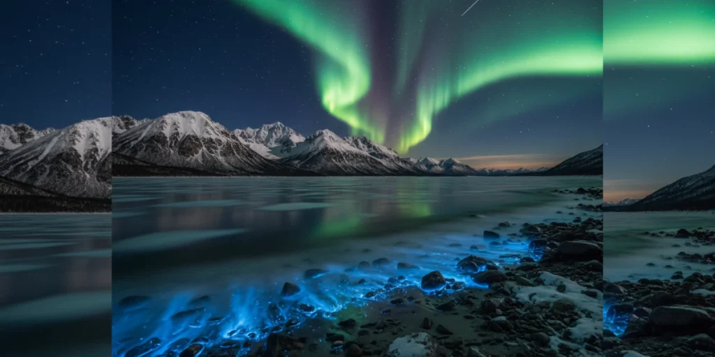 Northern Lights glowing above snowy mountains and a bioluminescent beach under a meteor-streaked night sky — symbolizing 2025’s rare Earth phenomena.