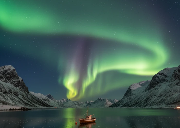 Vivid green and purple Northern Lights swirling above a calm fjord in Tromsø, Norway, with a small fishing boat reflecting on the icy water.