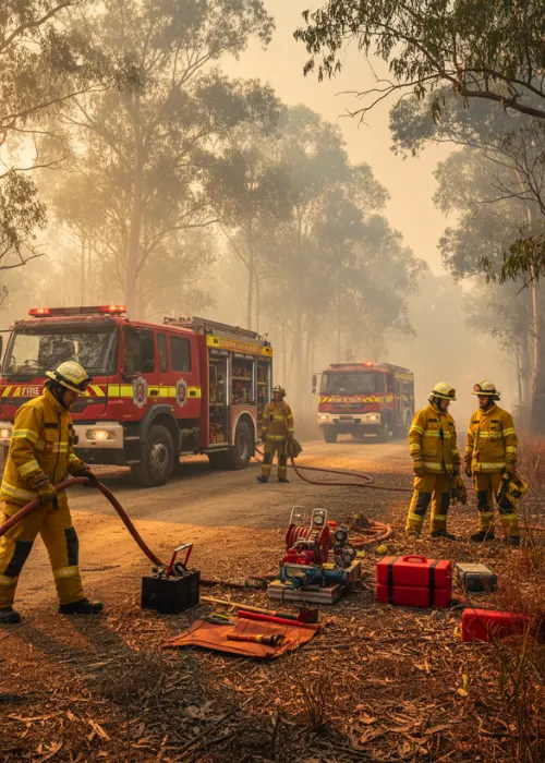 Firefighters in New South Wales prepare hoses and tools beside fire trucks in a smoky forest during Australia’s October 2025 heatwave and bushfire alert.