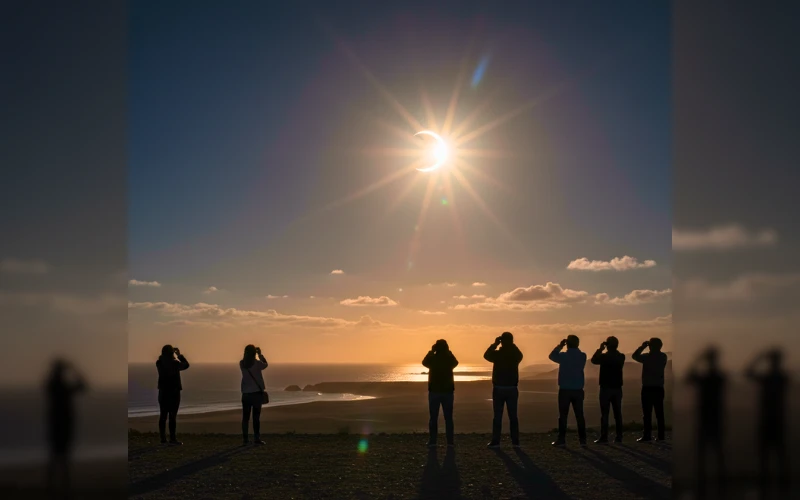 Partial solar eclipse over South America’s coastline as viewers watch under dimmed daylight.