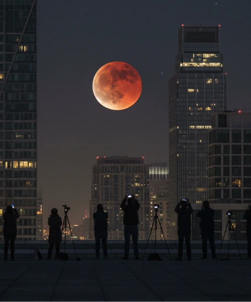 The January 31, 2018 Super Blue Blood Moon glowing red during a total lunar eclipse, rising above modern city skyscrapers, with photographers on a rooftop capturing the event.