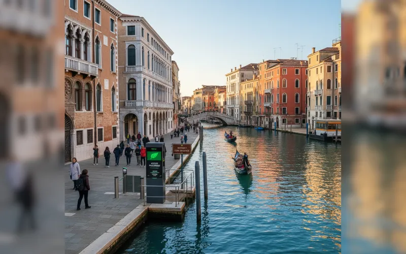 A wide-angle image of Venice’s canal area under warm sunlight with limited tourists, digital access gates, and clean blue water — representing sustainable crowd management and heritage protection in 2025.