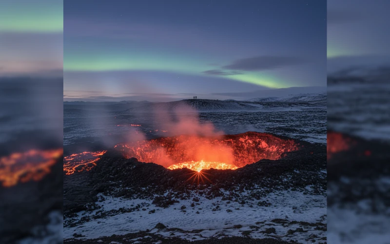 Glowing volcanic crater emitting steam and light over dark lava fields at dusk in Iceland.
