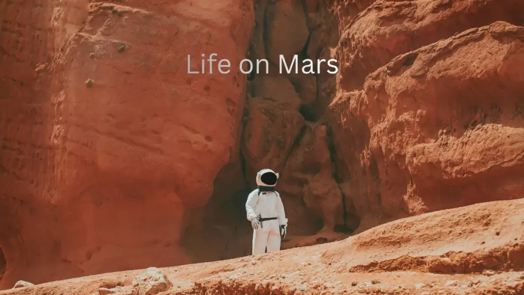 A lone astronaut exploring the rugged red terrain of Mars, standing near steep rock formations symbolizing the search for life on Mars.
