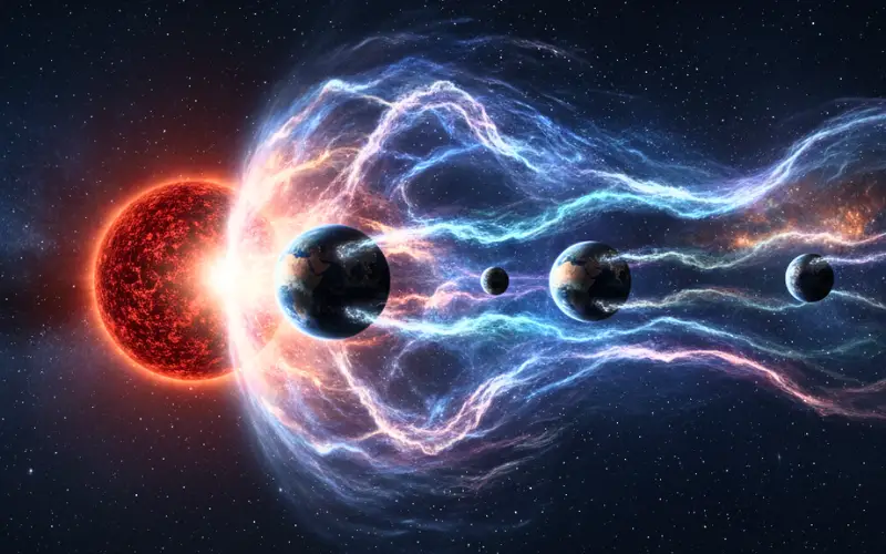 A Red Dwarf Star blasting intense radiation toward nearby planets in deep space.