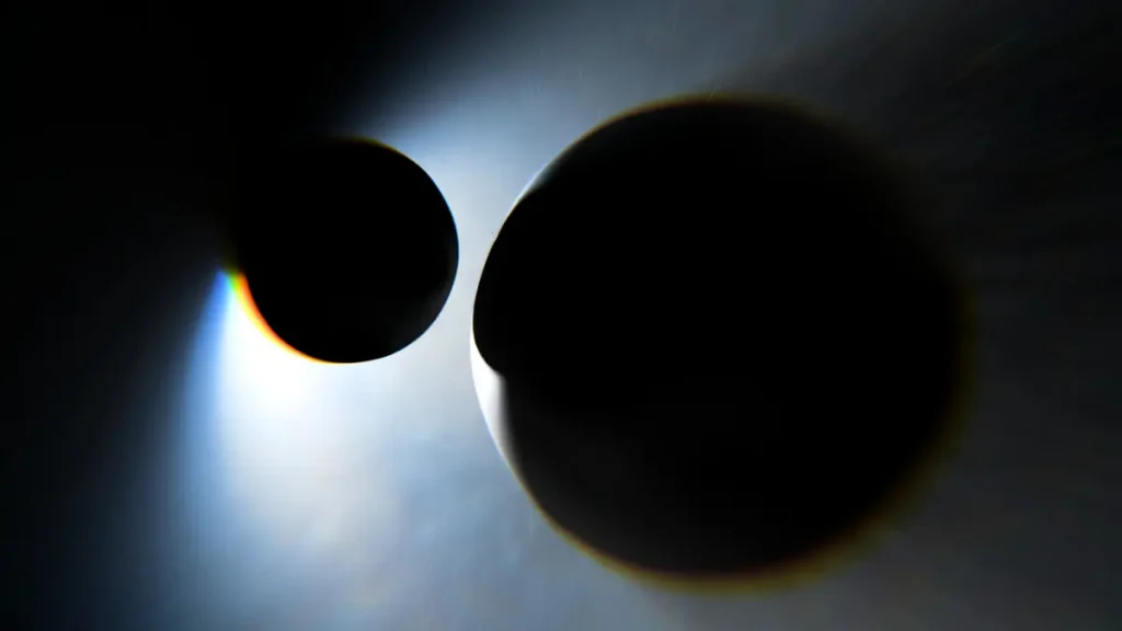 A close-up artistic visualization of two black holes colliding in deep space, surrounded by bright gravitational light distortions and the bending of space-time.